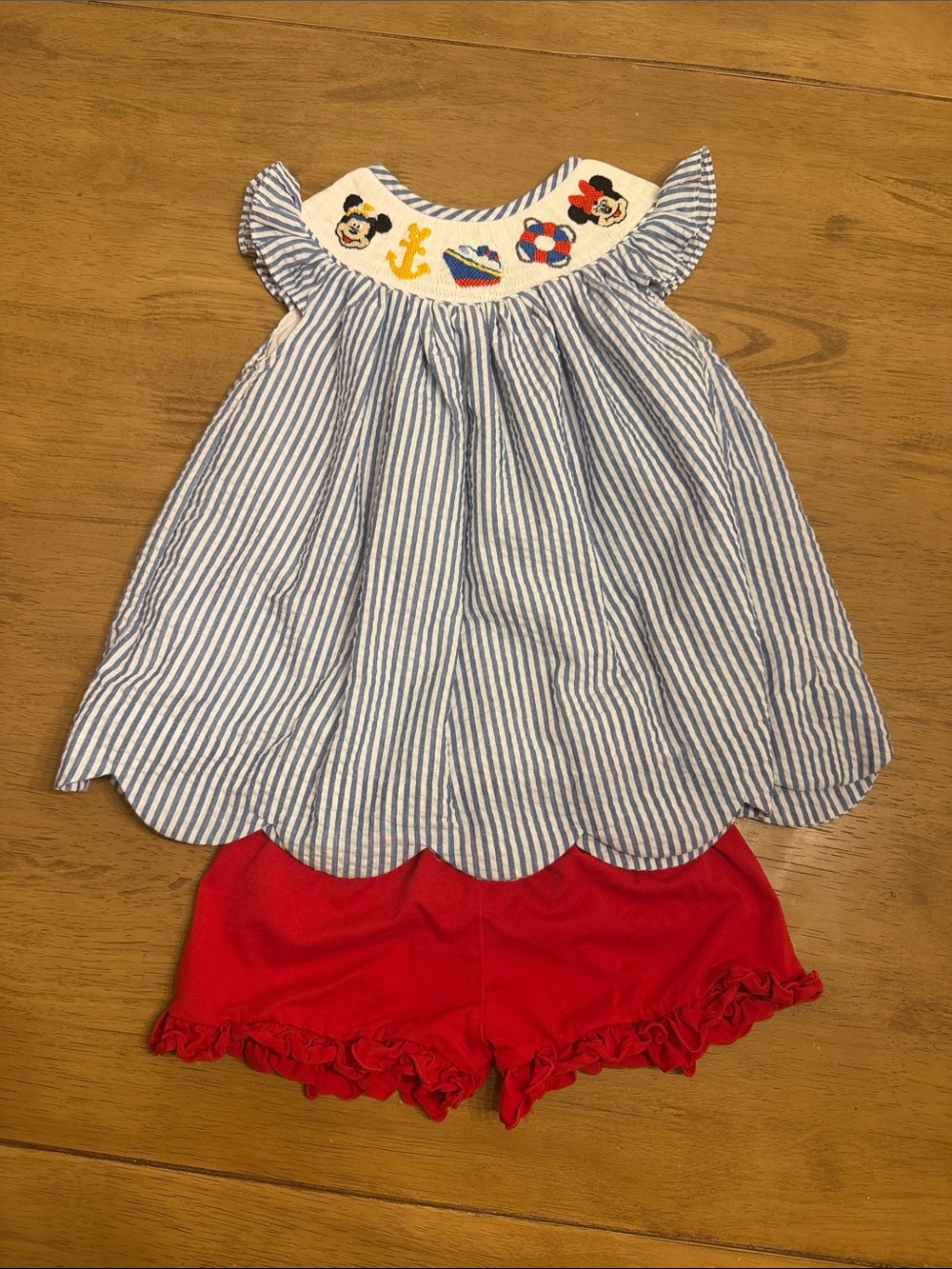 Disney Cruise Smocked Toddler Top & Red Ruffle Shorts Set